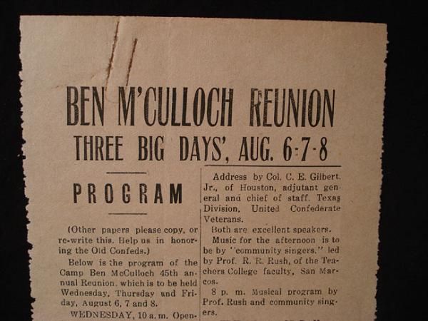 KYLE TEXAS UCV CAMP McCULLOCH REUNION BROADSIDE  