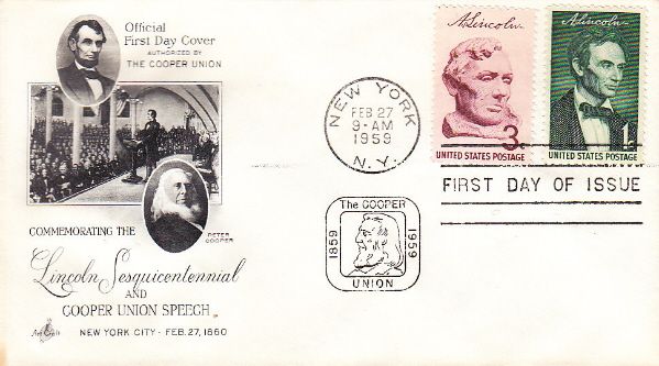 1959 FDC ART CRAFT COOPER UNION CACHET   LINCOLN  