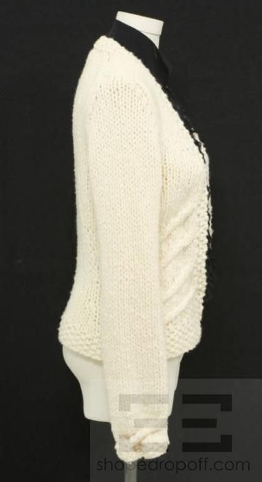   Cream Wool & Black Ruffle Trim Open Front Sweater 03A, Size 40  