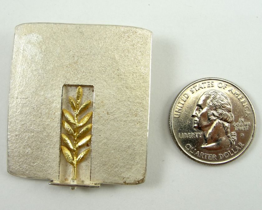Sterling 18K Accent Pin Pendant Rectangle Yellow Gold Plant 1 1/2 X 1 