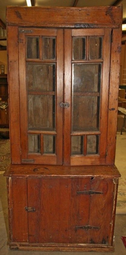 L208 ANTIQUE AMERICAN PINE 19TH CENTURY 2 PIECE STEPBACK CUPBOARD 