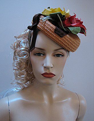   30s 40s TILT HAT TOPPER, STRAW w/ TWO LARGE ROSES, #1415  