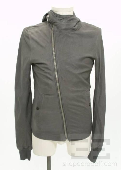 Rick Owens Grey Leather Asymmetrical Zip Up Hooded Mens Jacket Size 