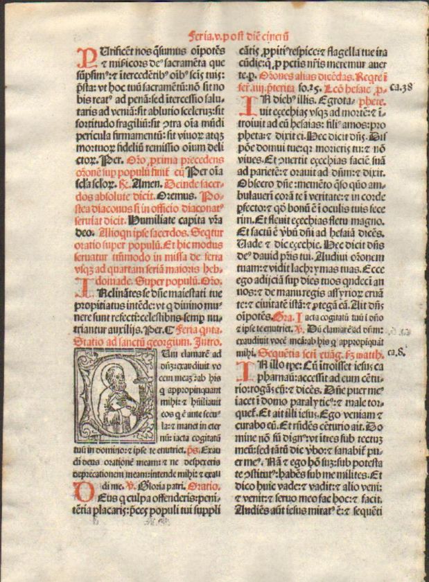 POST INCUNABLE LEAF   MISSALE ROMANUM   1533   woodcut  