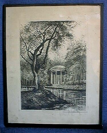 ENGRAVING JEAN CHABRIDON c1930 VERSAILLES PAGODA REFLECTION SIGNED 