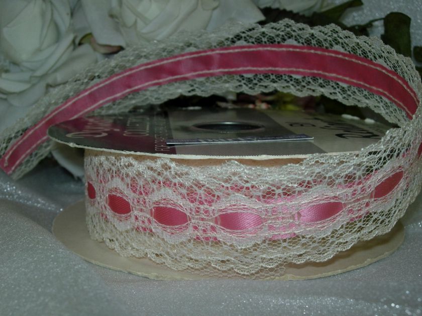   ROSE AND IVORY CRAFT RIBBON PINK/IVORY LACE 2 YARDS 6 FEET  