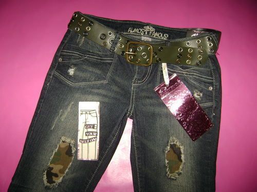 NWT Almost Famous Camo Destroyed Denim Jeans with Belt #2650  
