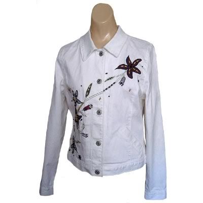  Women Embellished Stretch Denim Jean Jacket White S  