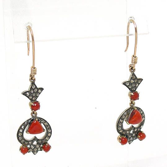 ORNATE 9k GOLD SILVER CORAL DIAMONDS DANGLE EARRINGS  