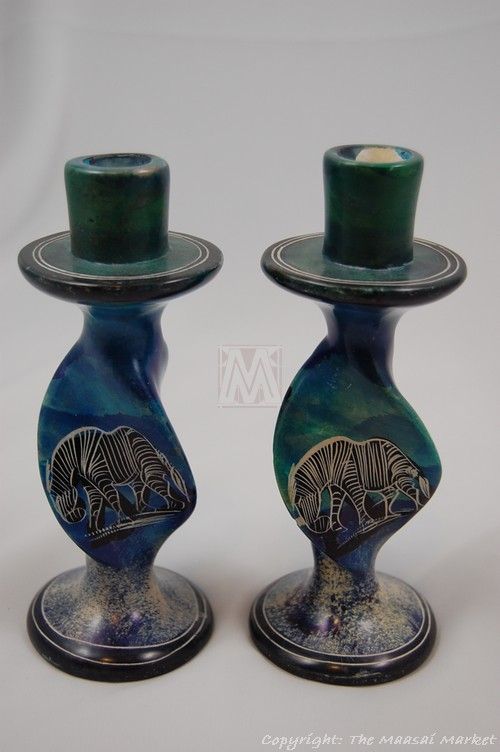 Africa Handmade Kisii Animal Zebra Soapstone Pair Candle Holder Stick 