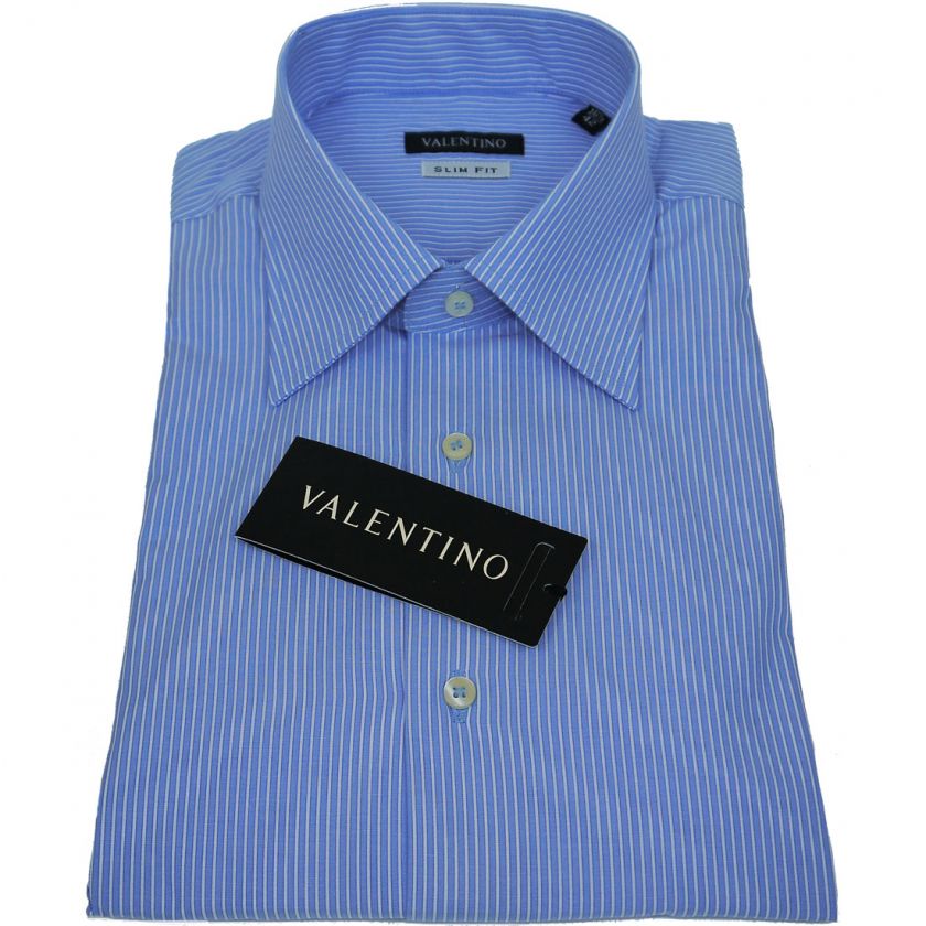 NWT $299 VALENTINO BLUE WHITE STRIPED MENS DRESS SHIRT ITALIAN COLLAR 