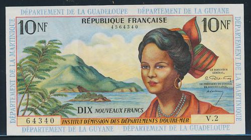 French Antilles 10 Nouveaux Francs ND(1963), P.5 UNC  