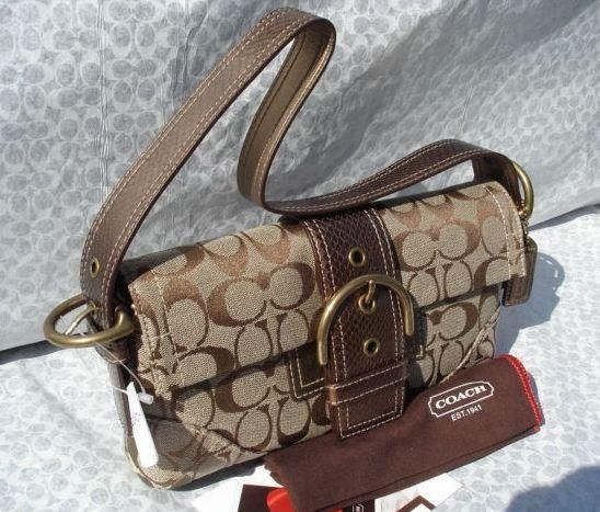 COACH Signature Metallic Flap Purse/Snake/Khaki BZ/8K38  