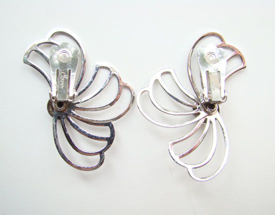 Modernist Atomic Age Pair Coro Earrings Rhodium Fan Out  