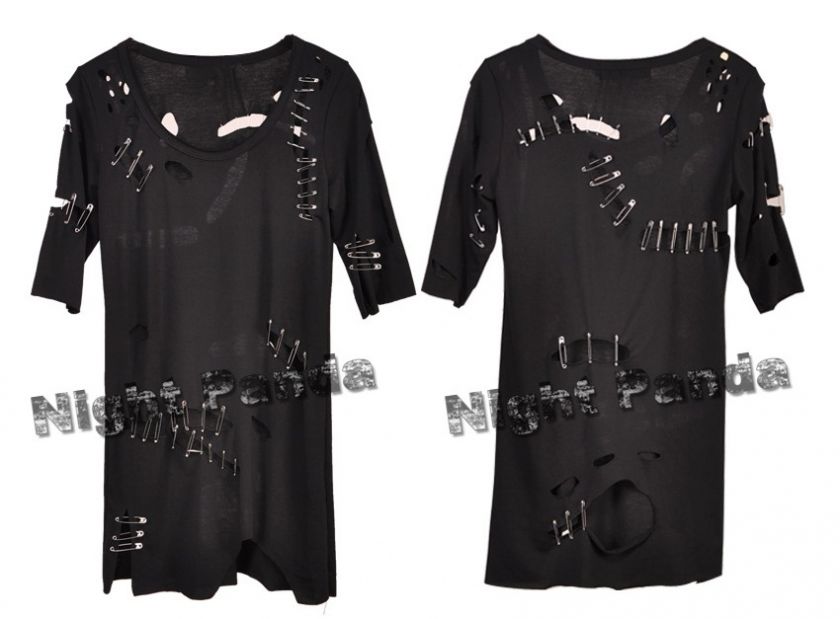 SC063 Black Destroyed Tear Brooch Punk T Shirt Top  