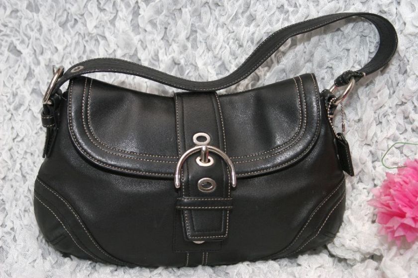 COACH SOHO BLACK/SILVER LEATHER Large Flap handbag 10192 shoulder bag 