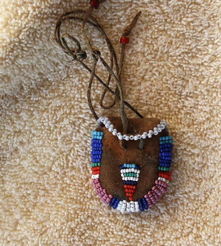  Hide Medicine Pouch with Fossil Stone Crow Reservation Montana  