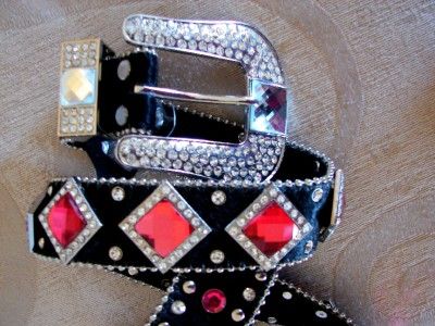 Leather Western BLACK Mirror Belt Crystal COWGIRL LARGE  