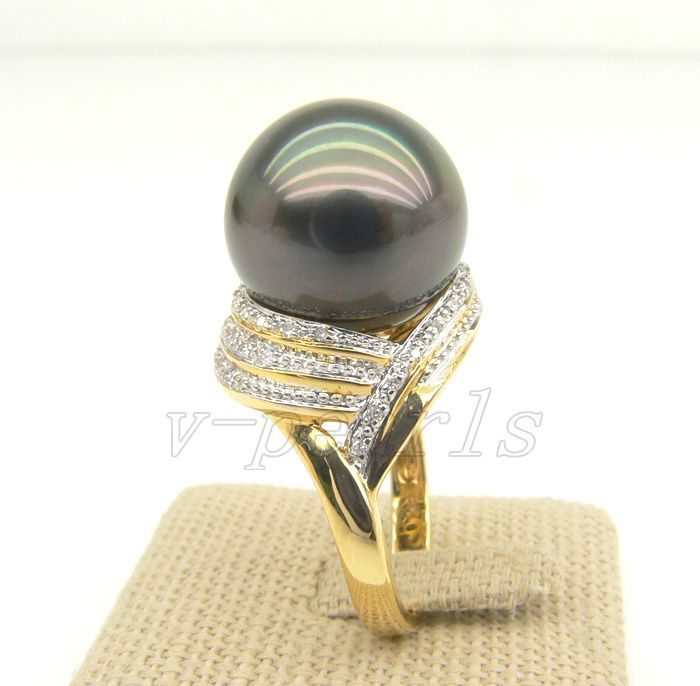 AAA+*18K YG&DIAMOND PEACOCK GREEN TAHITIAN PEARL RING  