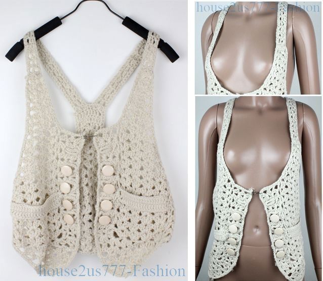 Women Knit Crochet Vest Waistcoat Top Sweater New S/M  