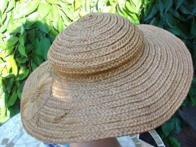 VINTAGE WIDE BRIMMED LADIES STRAW HAT TIE AROUND NECK  