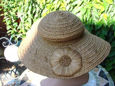 VINTAGE WIDE BRIMMED LADIES STRAW HAT TIE AROUND NECK  