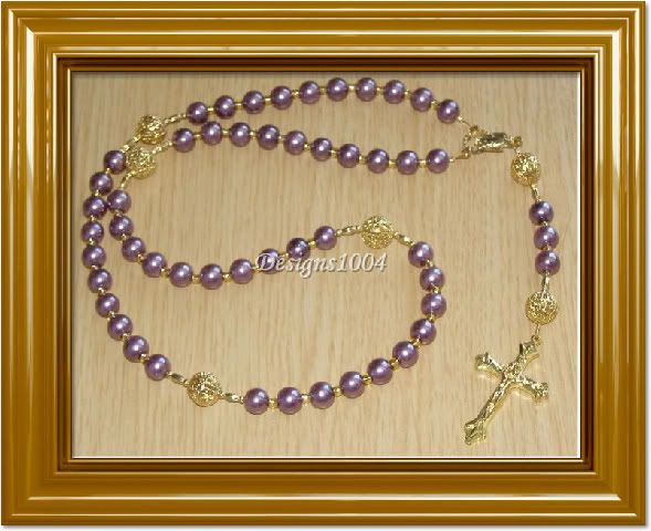 PLUM PEARL & GOLD HANDMADE ROSARY COMMUNION GIFT RARE  