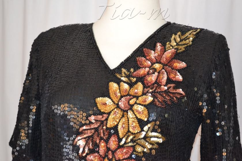 Stenay 100% Silk Gold Black Short Sleeve Beaded Gala Top Blouse Women 