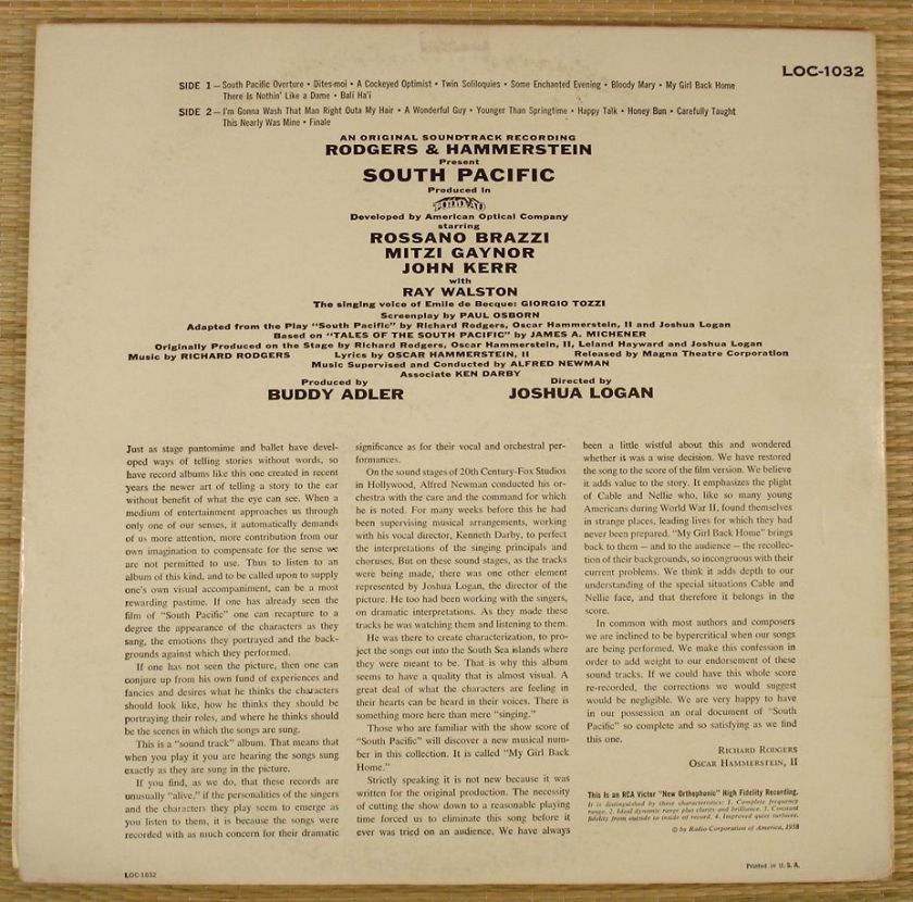 SOUTH PACIFIC Soundtrack RCA Orig MONO LP LOC 1032 NM  