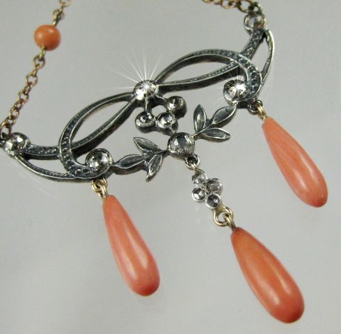 EDWARDIAN CORAL & ROSE CUT DIAMOND LAVALIERE / NECK *  