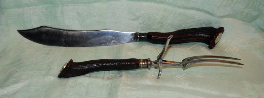 GEORGE H COWEN CUTLERY SET KNIFE FORK STAG HORN SILVER SHEFFIELD 