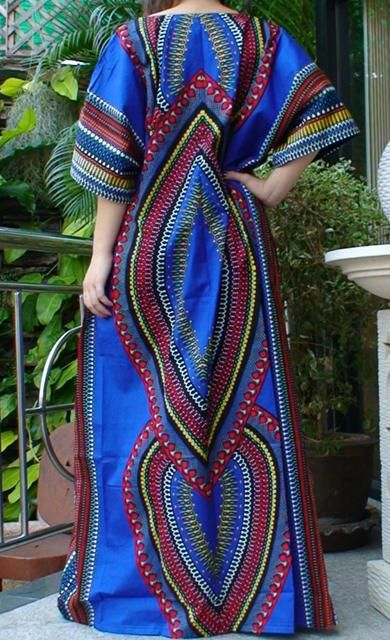 Traditional Dashiki Caftan Dress Cotton Free Size Blue  