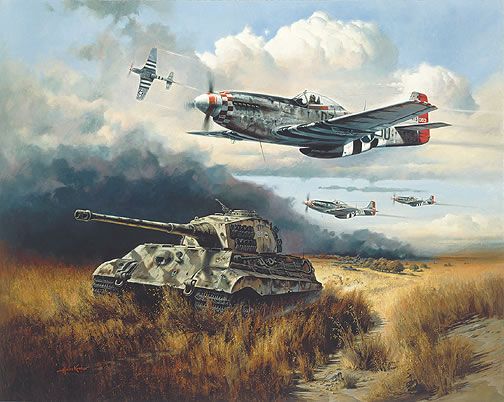 Heinz Krebs P 51 Co signed Print Normandy Tiger Hunt  