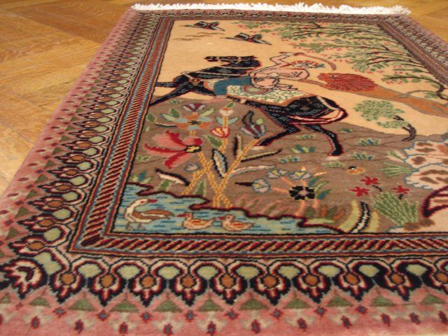 FINE PAIR OF PERSIAN QUM SILK RUG  HUNTER ON HORSE  