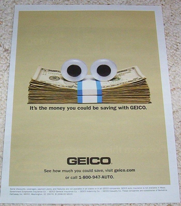 2009 Geico Insurance CUTE money eyes PRINT 1 page AD  