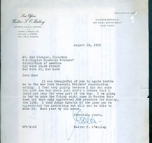 WALTER O`MALLEY SIGNED DODGERS LETTER JSA AUTOGRAPH  
