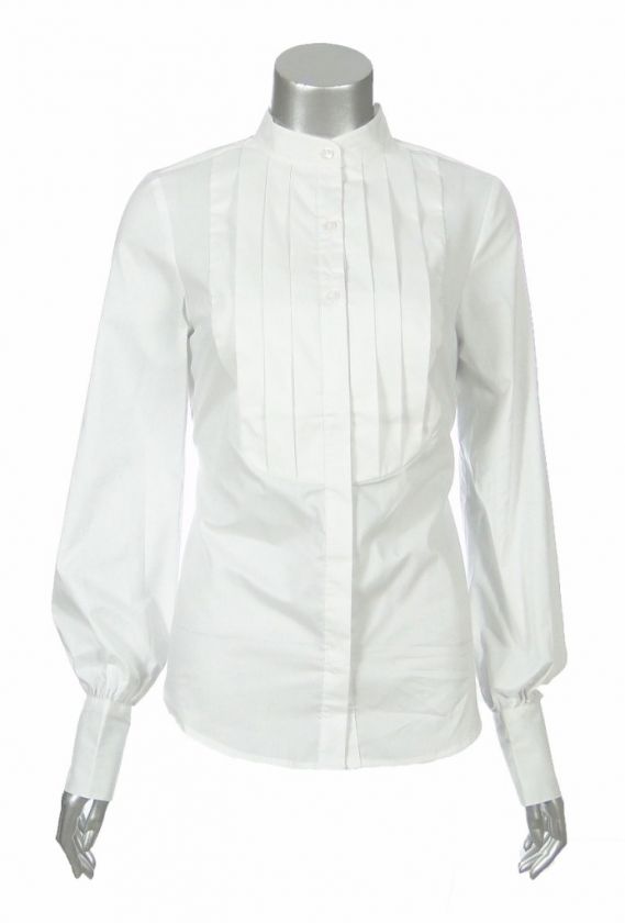 Sutton Studio Womens White Cotton Blend Long Sleeve Tuxedo Blouse Top 