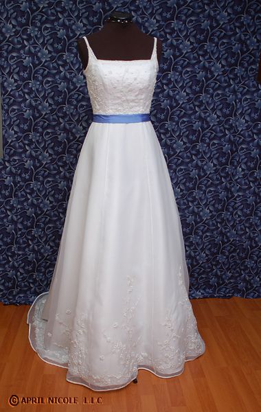 White Beaded Organza w/ Blue Sash Wedding Dress 4  