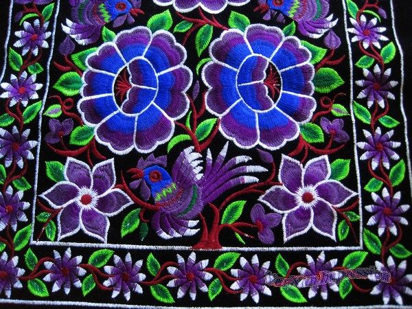 Trapeziform antique miao hmong machinemade embroidery blue and purple 