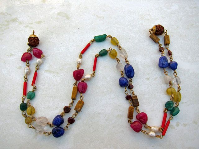 Navaratna Meditation Mala 54 Beads on Golden Wire with Rudraksha 