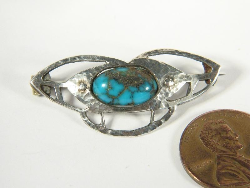 ANTIQUE ENGLISH ARTS CRAFTS SILVER TURQUOISE PIN BROOCH  