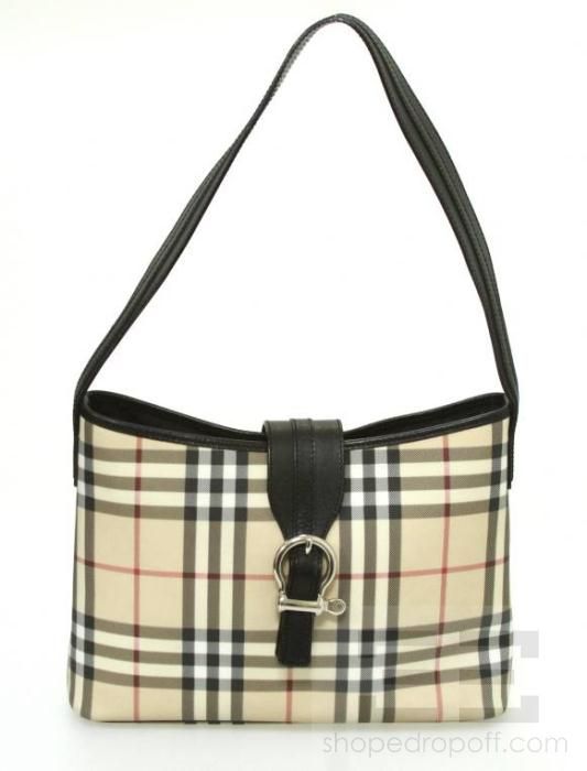 Burberry Beige Check Canvas & Black Leather Trim Shoulder Bag  