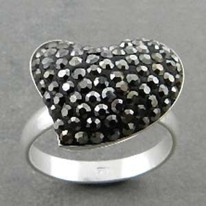 BLACK SWAROVSKI CRYSTAL 925 SILVER HEART RING SZ6.5 FS  