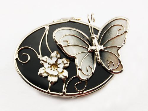   Blakc Enamel Butterfly Flower Oval Shape Jewelry Trinket Box  