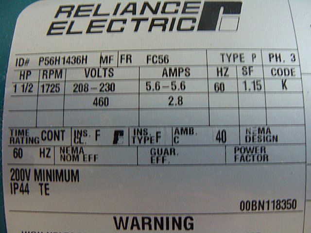 6039 Reliance Electric P56H1436H Motor 1 1/2Hp 1725Rpm  