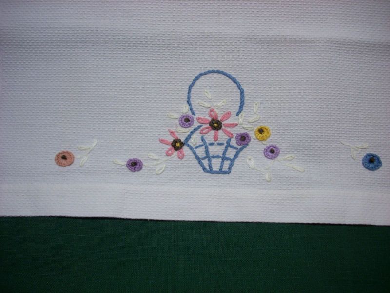 Vintage Embroidered White Huck Towel Basket Design Nice  