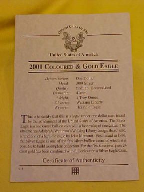 COLOURED USA WALKING LIBERTY DOLLAR 2001 1 OUNCE FINE SILVER SUPER 