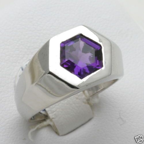 NEW 14k white gold AMETHYST Mens Ring Hexagon Signet  