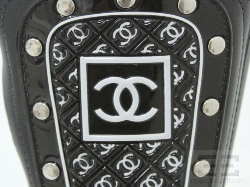 Chanel Black Leather Monogram Shield Biker Boots Size 38  