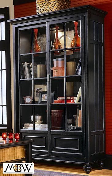 Distressed Black Lighted China Curio Cabinet Bookcase  